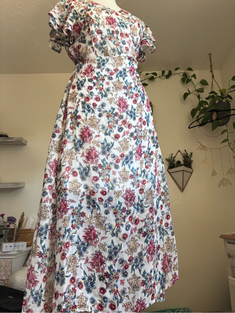 miami Floral Wrap Midi Dress in Cream with Red & Blue Flowers